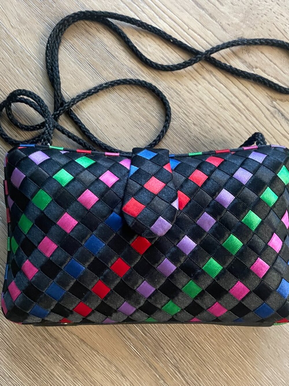 VINTAGE Delill Woven Rainbow Satin Crossbody Clutch Bag Purse 8" x 5"